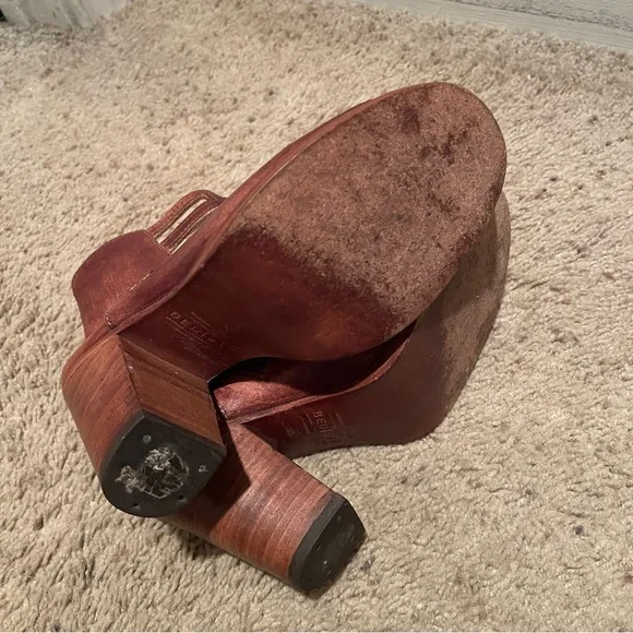 Bed Stu women chestnut brown distressed leather caged stacked heel shoes, 8 1/2 - Picture 10 of 12